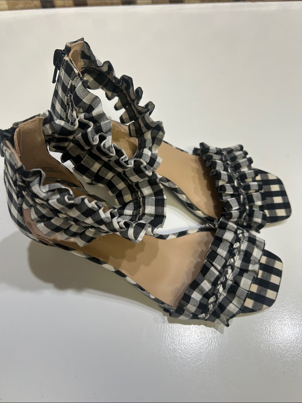 Gingham Ruffle Ankle-Strap Sandals in Black and White